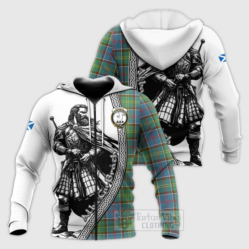 Tartan Vibes Clothing Colville Tartan Clan Crest Knitted Hoodie with Highlander Warrior Celtic Style