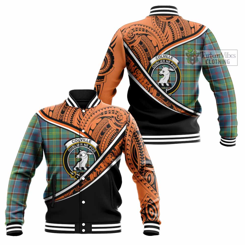 Tartan Vibes Clothing Colville Crest Tartan Baseball Jacket with Maori Tattoo Style - Orange Version