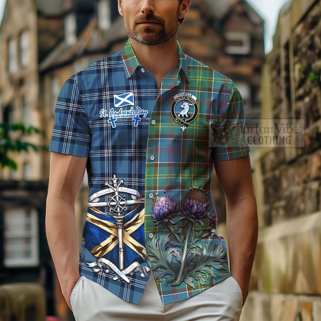 Tartan Vibes Clothing Colville Tartan Short Sleeve Button Shirt Happy St. Andrew's Day Half Tartan Style