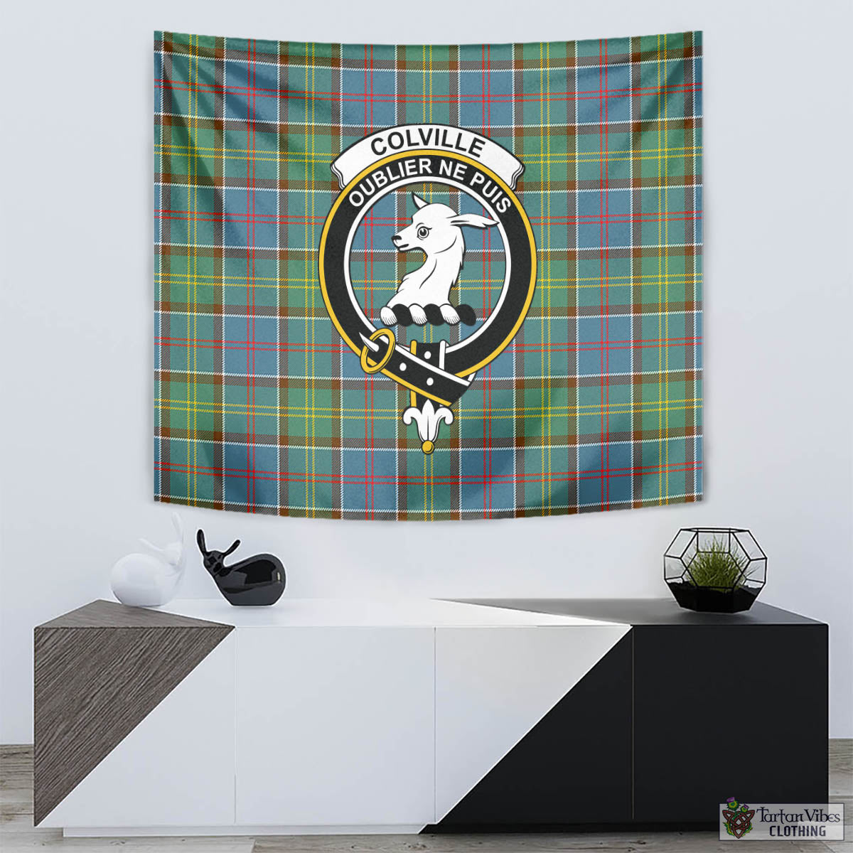 Tartan Vibes Clothing Colville Tartan Tapestry Wall Hanging and Home Decor for Room with Family Crest