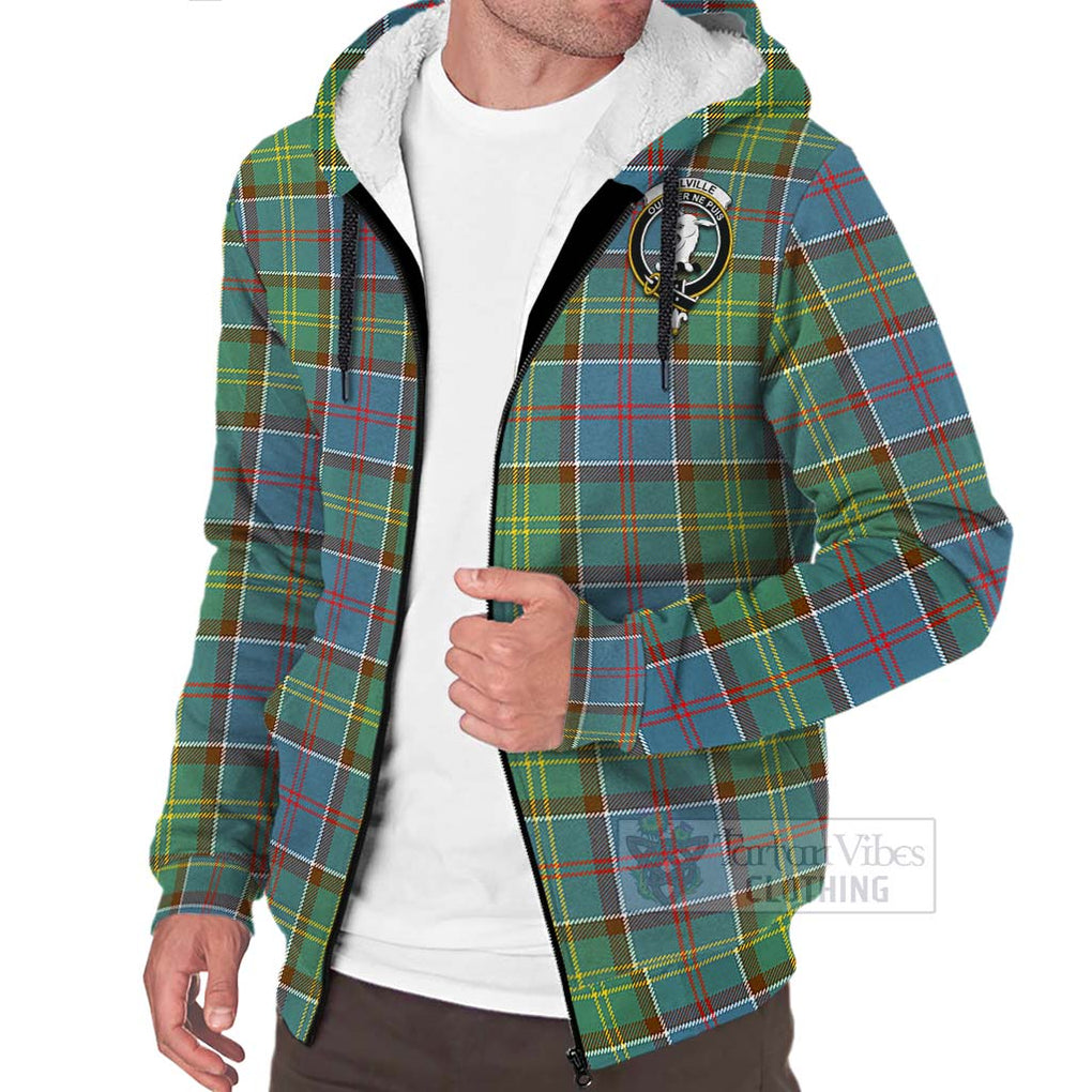 Tartan Vibes Clothing Colville Tartan Sherpa Hoodie with Family Crest and Bearded Skull Holding Bottles of Whiskey