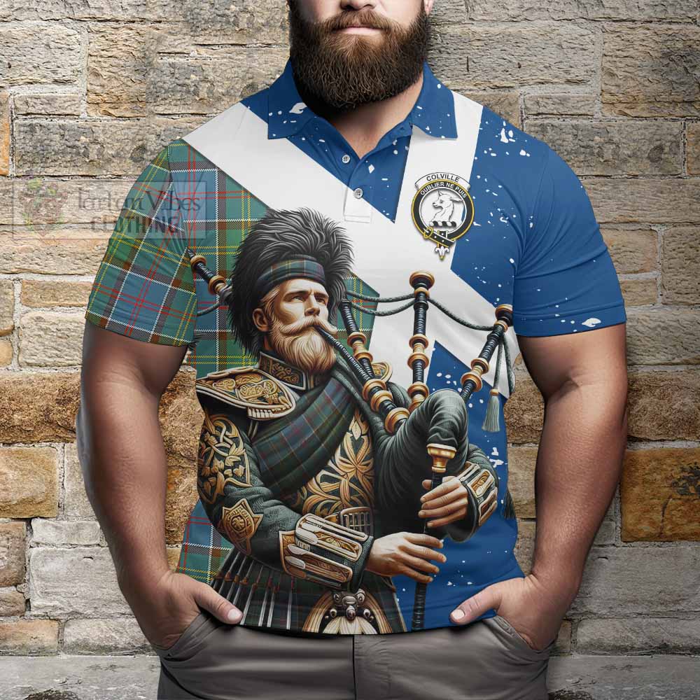 Tartan Vibes Clothing Colville Tartan Polo Shirt with Family Crest Scottish Bagpiper Vibes