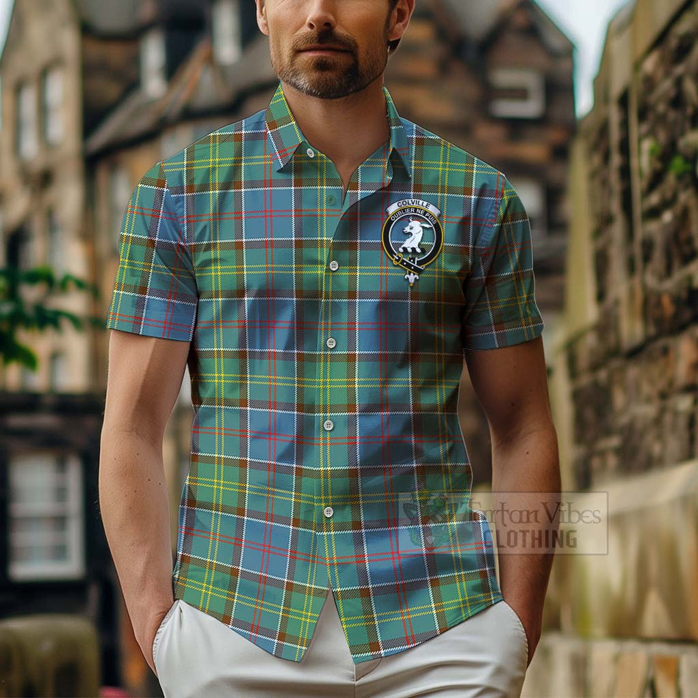 Tartan Vibes Clothing Colville Tartan Short Sleeve Button Shirt with Family Crest and Bearded Skull Holding Bottles of Whiskey