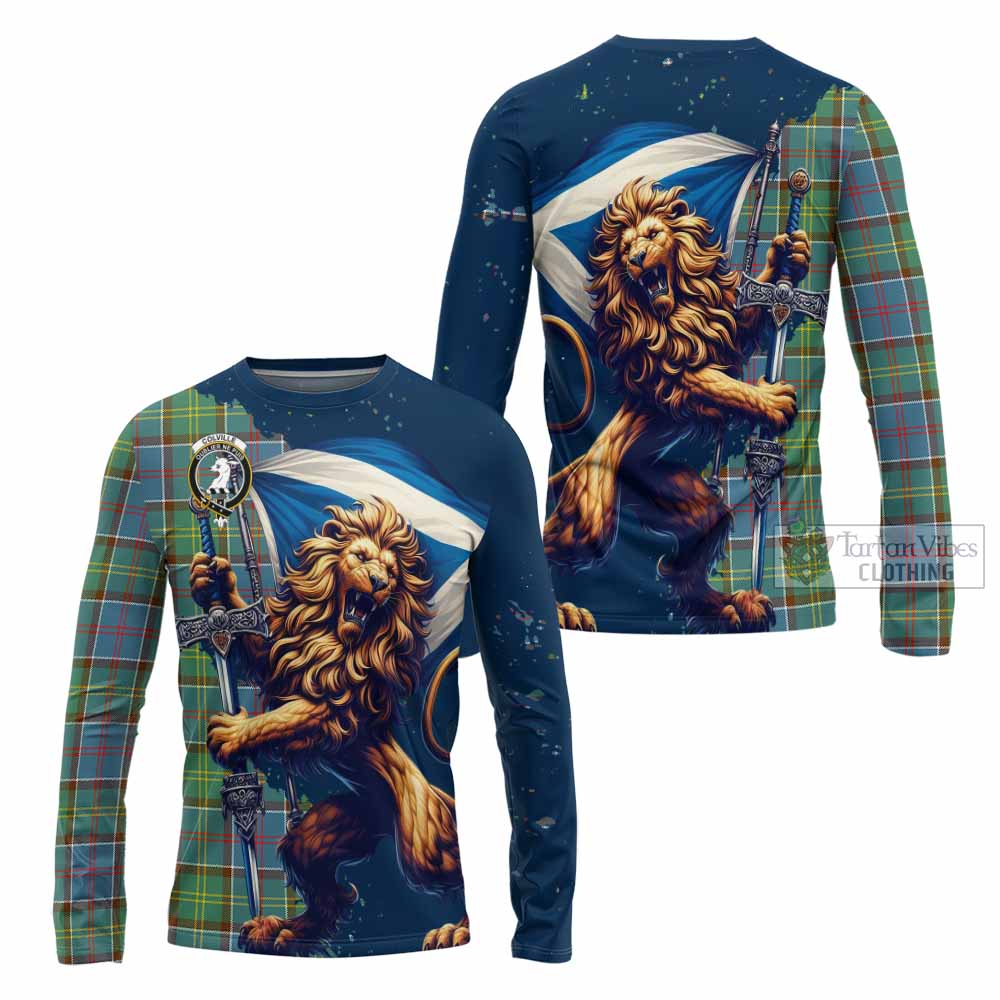 Tartan Vibes Clothing Colville Tartan Family Crest Long Sleeve T-Shirt with Scottish Majestic Lion