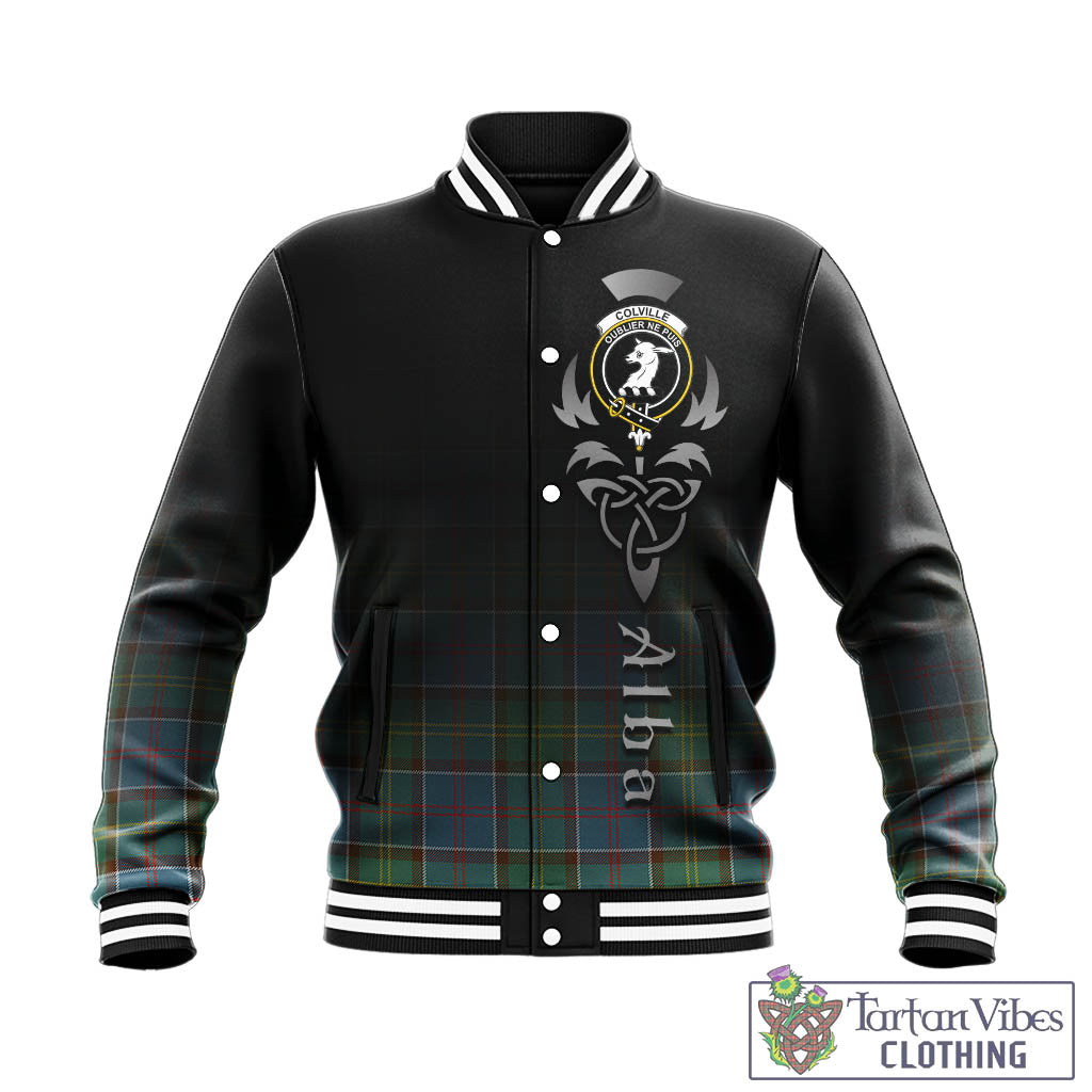 Tartan Vibes Clothing Colville Tartan Baseball Jacket Featuring Alba Gu Brath Family Crest Celtic Inspired