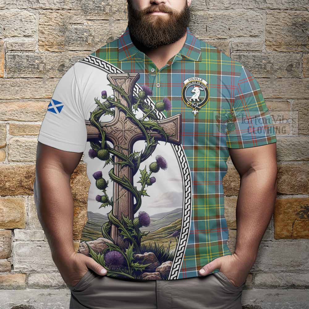 Tartan Vibes Clothing Colville Tartan Polo Shirt with Family Crest and St. Andrew's Cross Accented by Thistle Vines