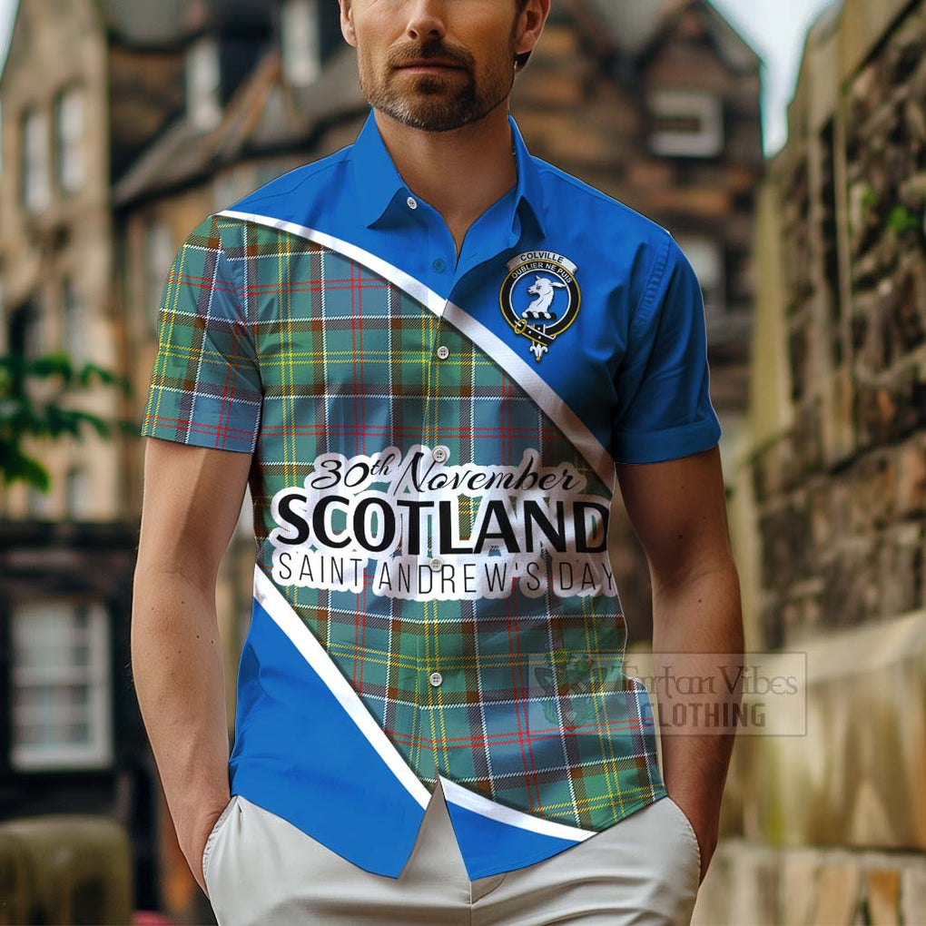 Tartan Vibes Clothing Colville Family Crest Tartan Short Sleeve Button Shirt Celebrate Saint Andrew's Day in Style