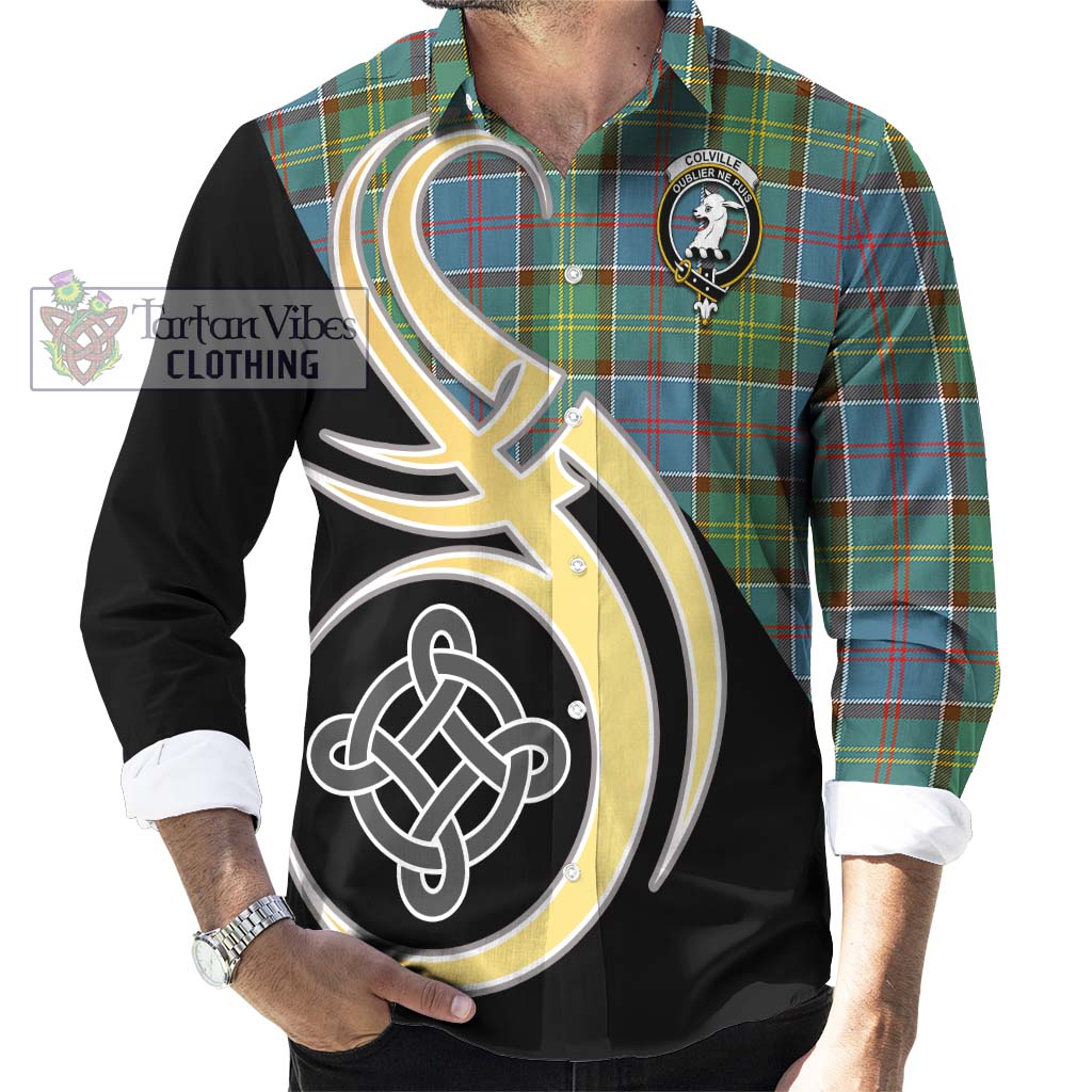 Colville Tartan Long Sleeve Button Shirt with Family Crest and Celtic Symbol Style - Tartan Vibes Clothing