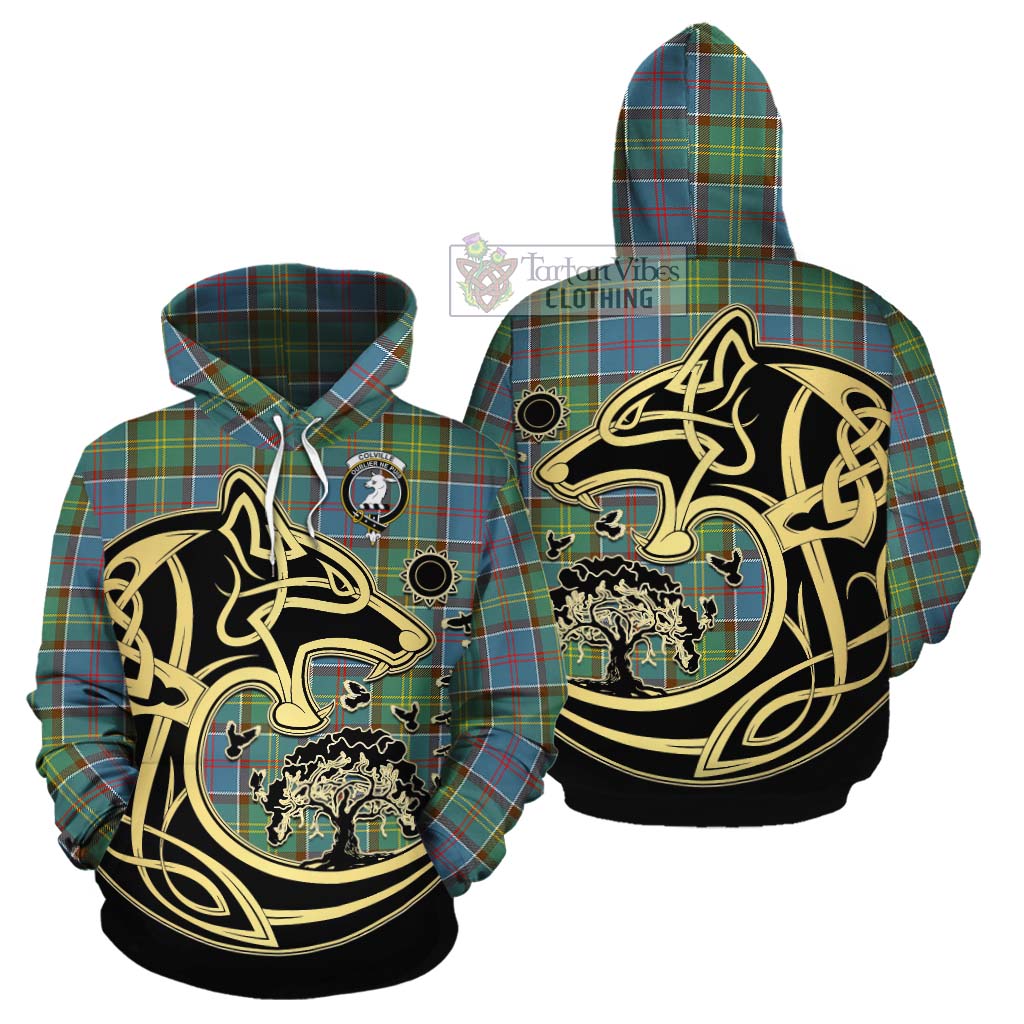 Tartan Vibes Clothing Colville Tartan Cotton Hoodie with Family Crest Celtic Wolf Style