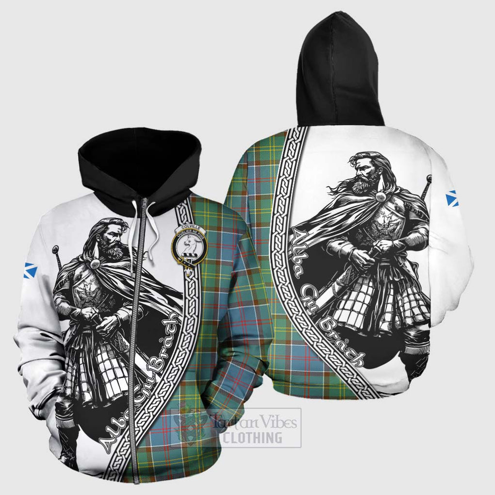 Tartan Vibes Clothing Colville Tartan Clan Crest Hoodie with Highlander Warrior Celtic Style