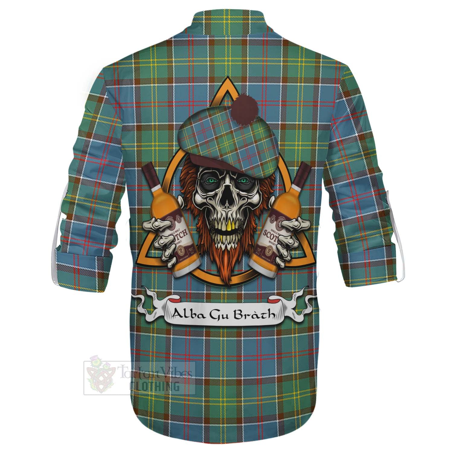 Tartan Vibes Clothing Colville Tartan Ghillie Kilt Shirt with Family Crest and Bearded Skull Holding Bottles of Whiskey