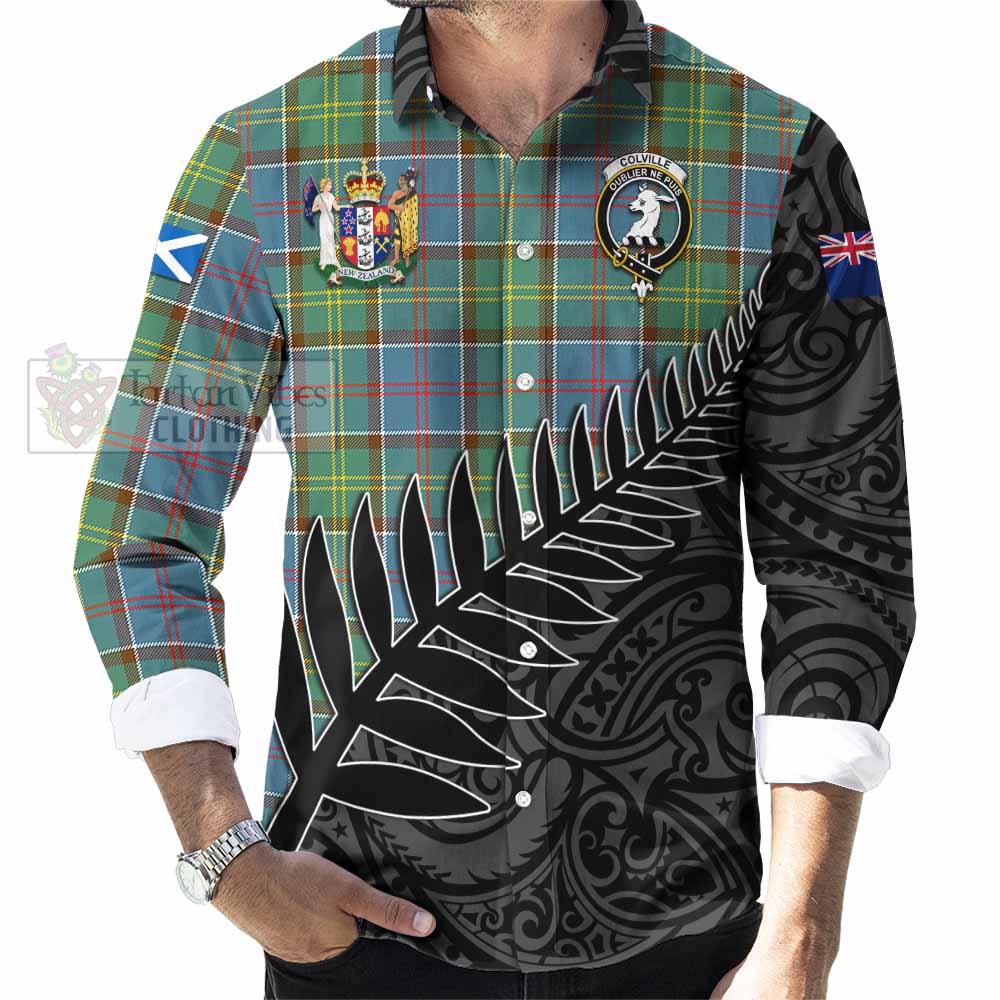 Tartan Vibes Clothing Colville Crest Tartan Long Sleeve Button Shirt with New Zealand Silver Fern Half Style