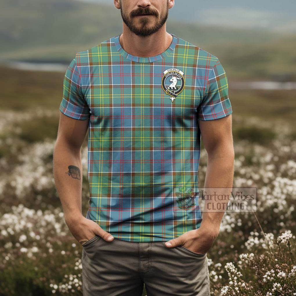 Tartan Vibes Clothing Colville Tartan T-Shirt with Family Crest and Bearded Skull Holding Bottles of Whiskey