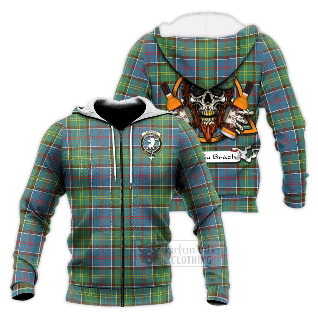 Tartan Vibes Clothing Colville Tartan Knitted Hoodie with Family Crest and Bearded Skull Holding Bottles of Whiskey