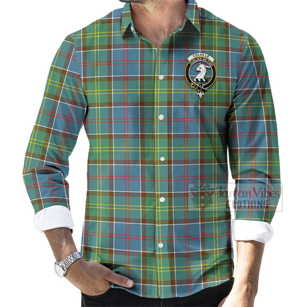 Tartan Vibes Clothing Colville Tartan Long Sleeve Button Shirt with Family Crest and Bearded Skull Holding Bottles of Whiskey