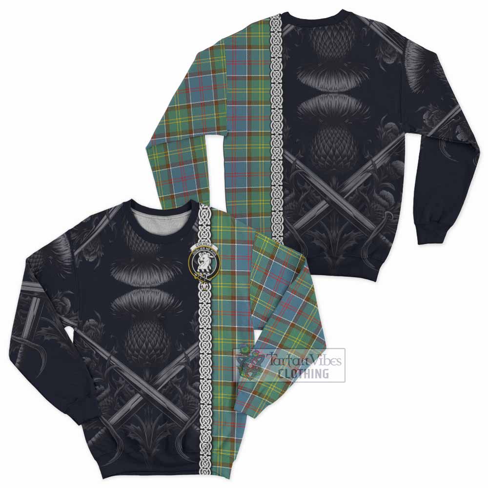 Tartan Vibes Clothing Colville Tartan Sweatshirt with Family Crest Cross Sword Thistle Celtic Vibes