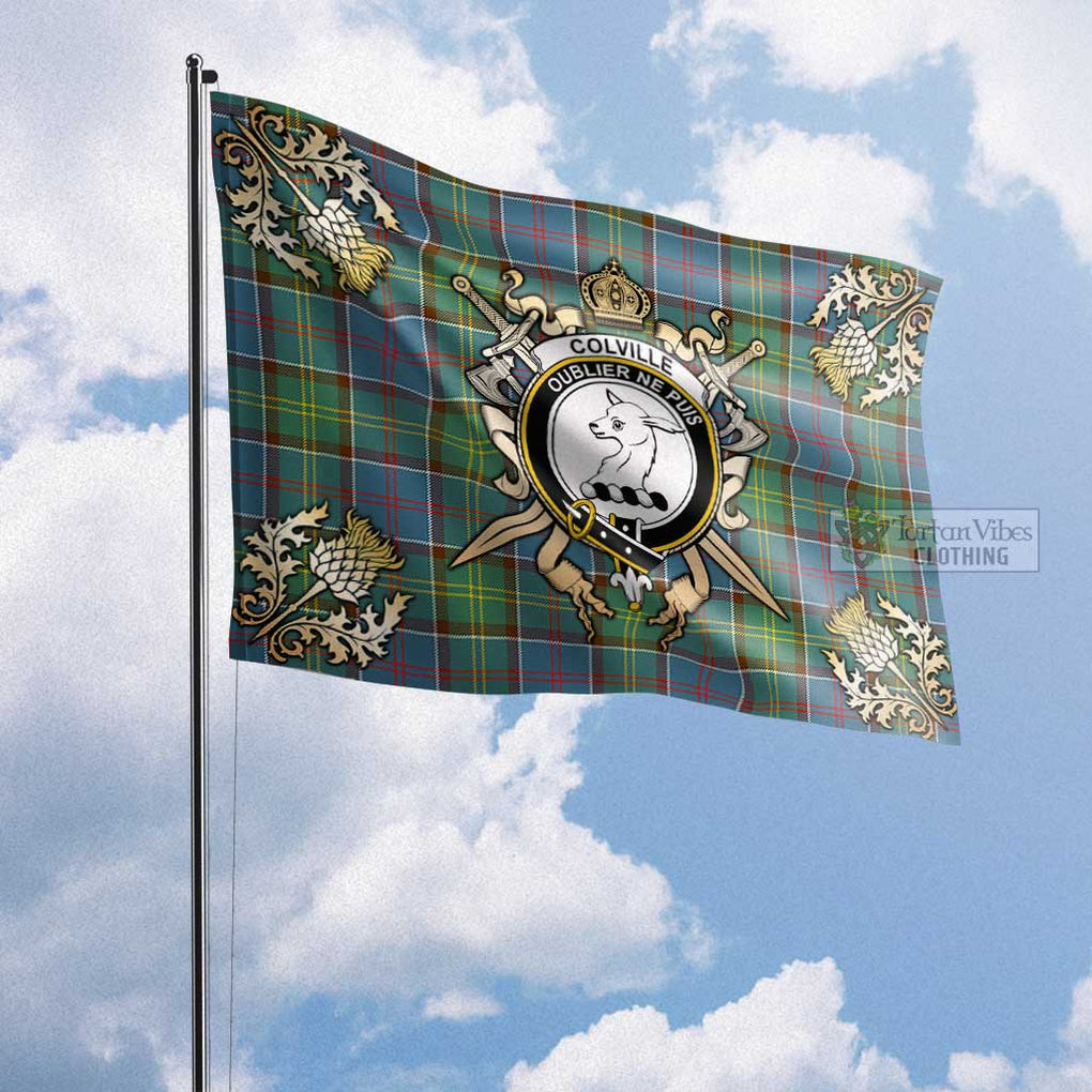 Tartan Vibes Clothing Colville Tartan Flag with Family Crest and Golden Thistle Crossed Sword Design