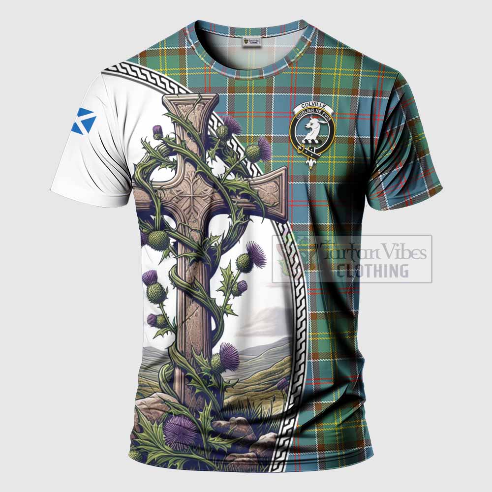 Tartan Vibes Clothing Colville Agnew Tartan T-Shirt with Family Crest and St. Andrew's Cross Accented by Thistle Vines