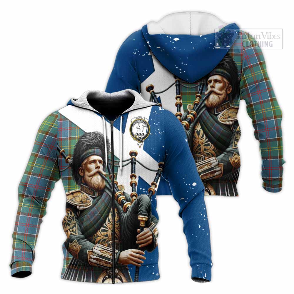 Tartan Vibes Clothing Colville Tartan Knitted Hoodie with Family Crest Scottish Bagpiper Vibes