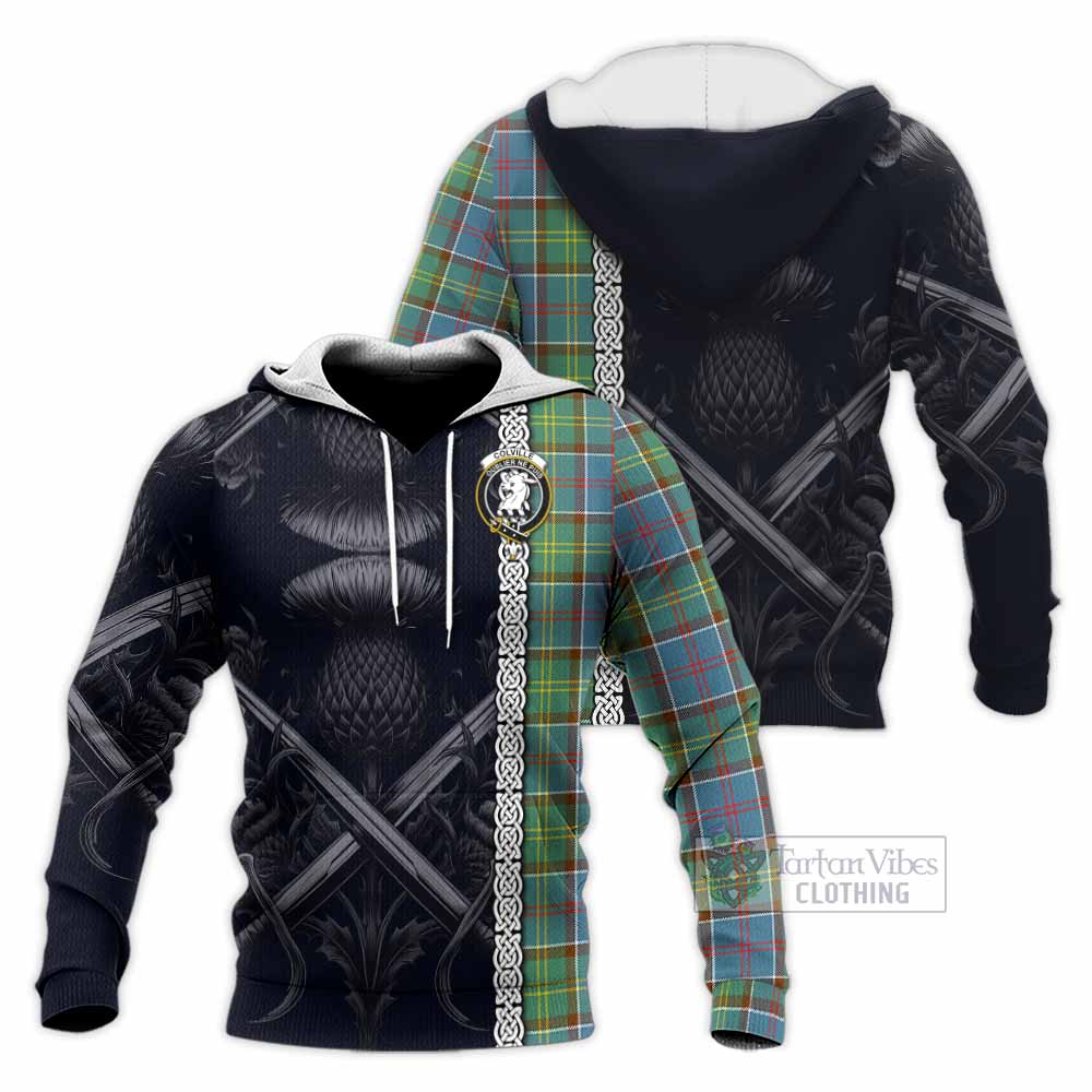 Tartan Vibes Clothing Colville Tartan Knitted Hoodie with Family Crest Cross Sword Thistle Celtic Vibes