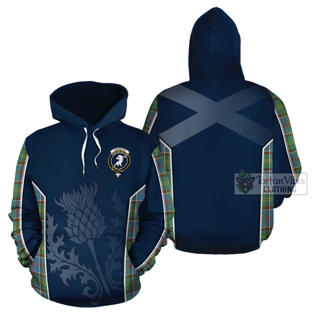 Tartan Vibes Clothing Colville Tartan Cotton Hoodie with Family Crest and Scottish Thistle Vibes Sport Style