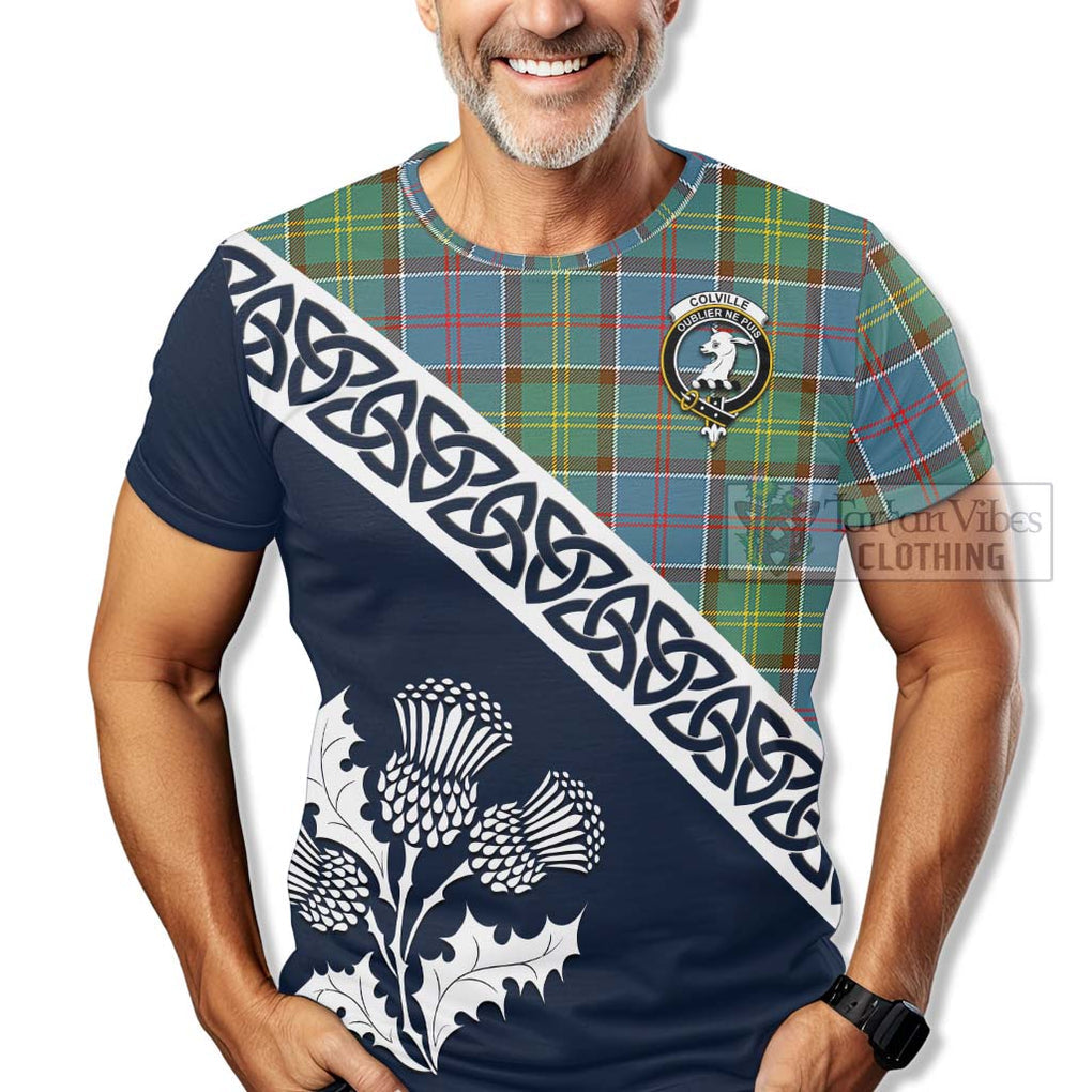 Colville Tartan T-Shirt Featuring Thistle and Scotland Map