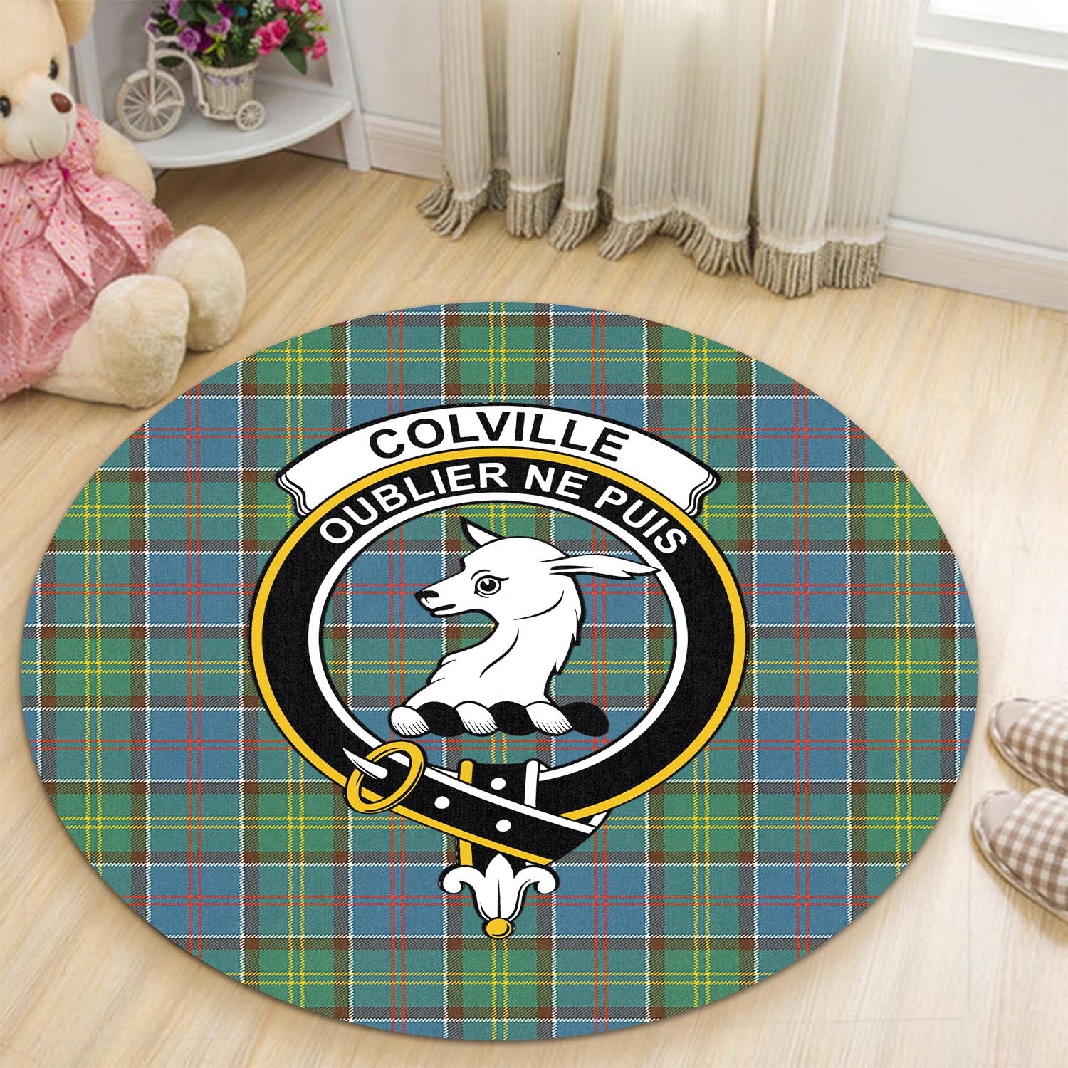 Colville Tartan Round Rug with Family Crest - Tartanvibesclothing