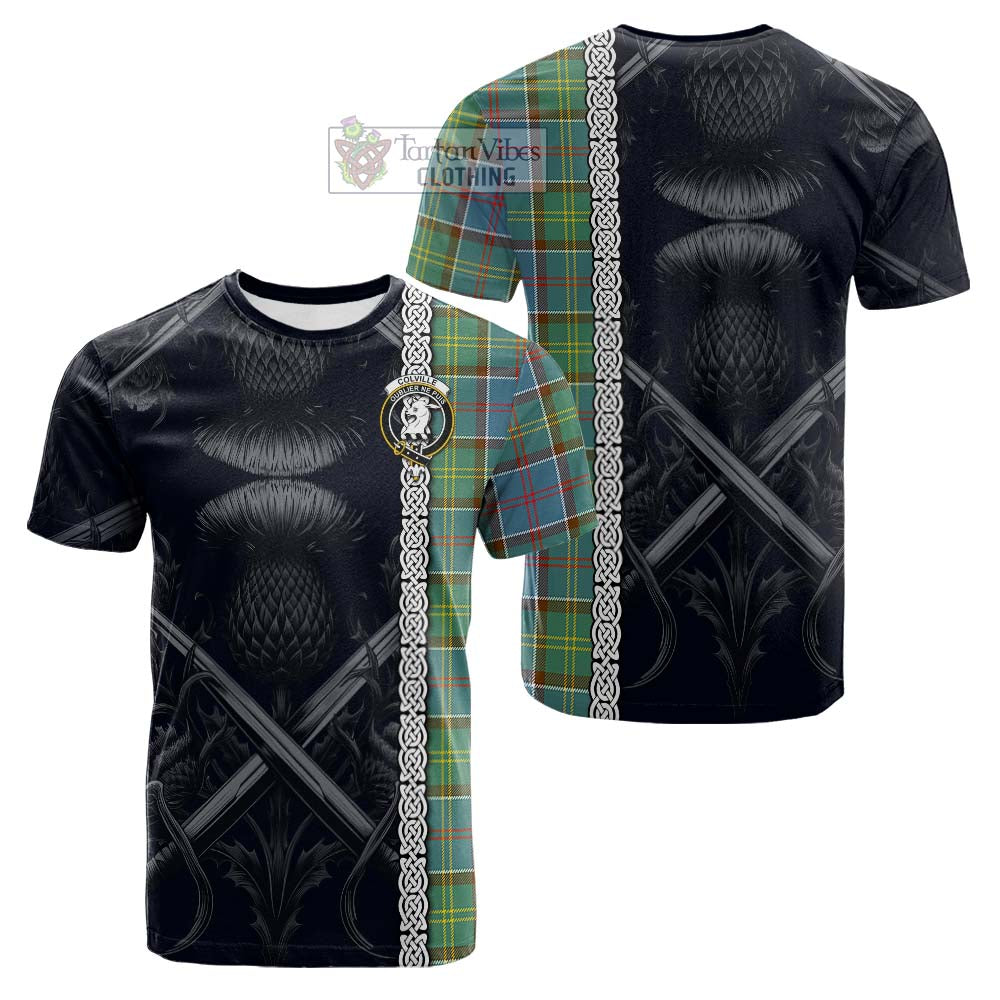 Tartan Vibes Clothing Colville Tartan Cotton T-shirt with Family Crest Cross Sword Thistle Celtic Vibes