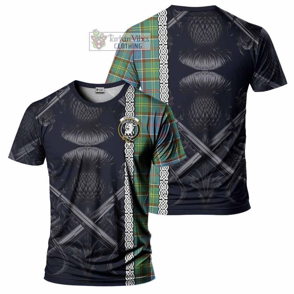 Tartan Vibes Clothing Colville Tartan T-Shirt with Family Crest Cross Sword Thistle Celtic Vibes