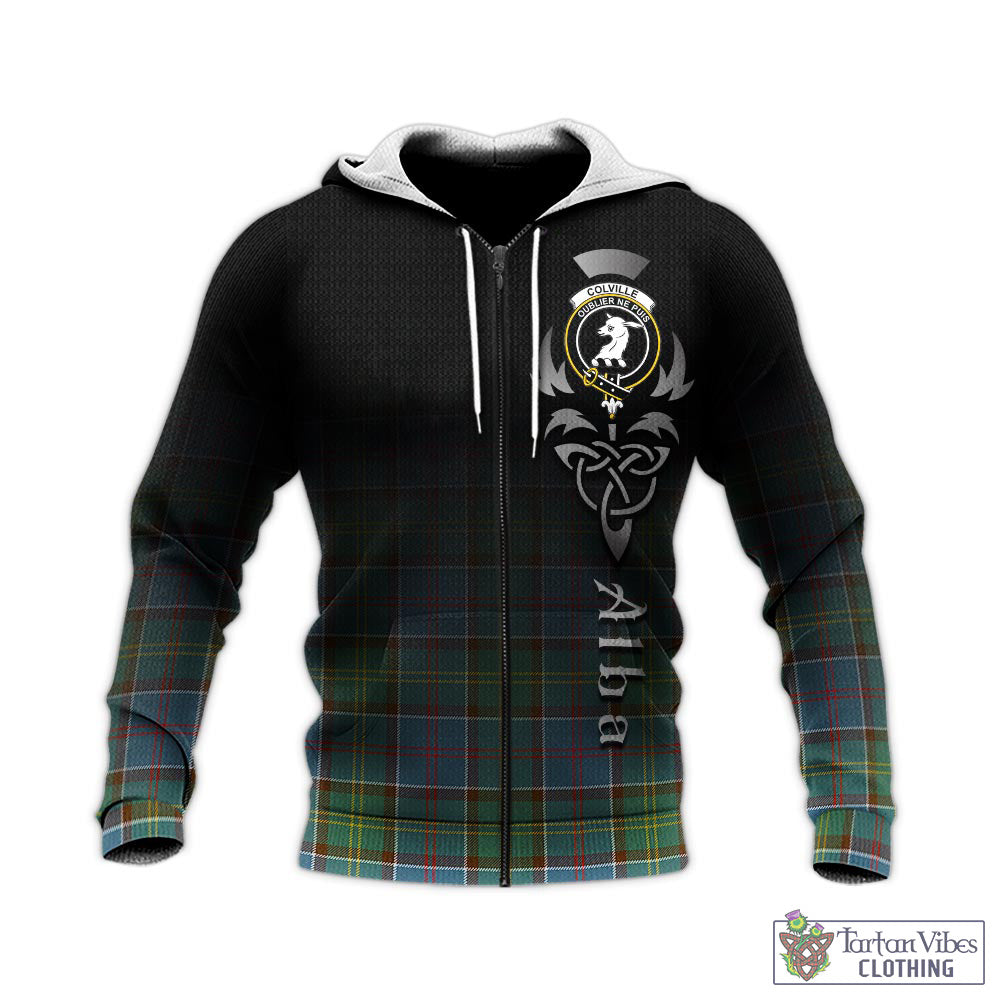 Tartan Vibes Clothing Colville Tartan Knitted Hoodie Featuring Alba Gu Brath Family Crest Celtic Inspired