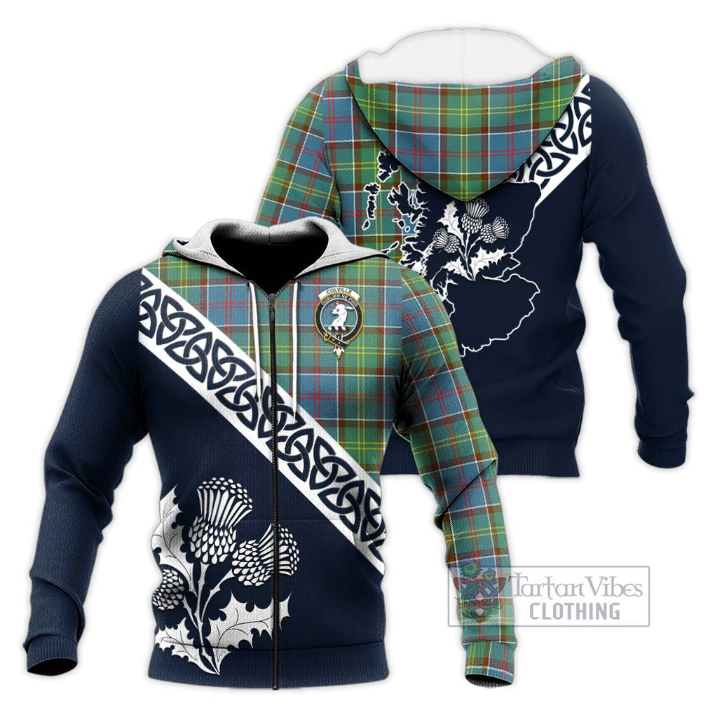 Tartan Vibes Clothing Colville Tartan Knitted Hoodie Featuring Thistle and Scotland Map