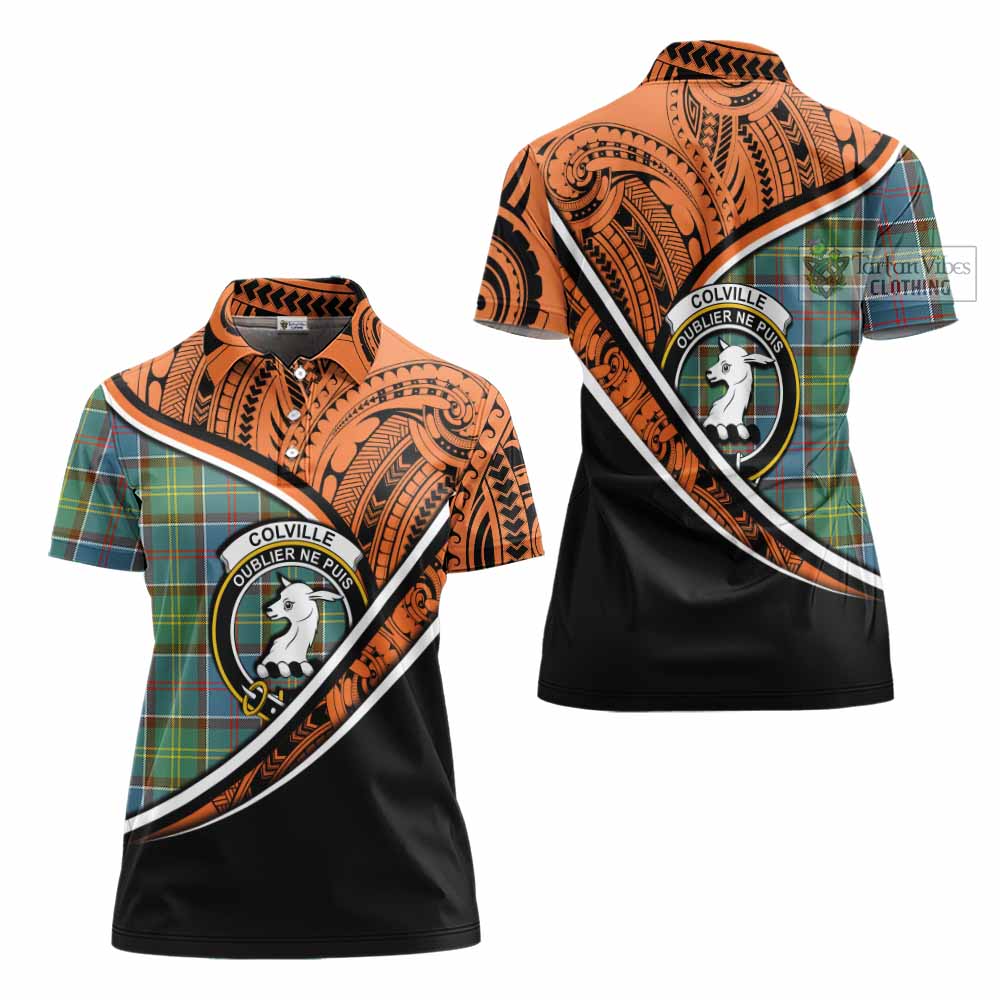 Tartan Vibes Clothing Colville Crest Tartan Women's Polo Shirt with Maori Tattoo Style - Orange Version