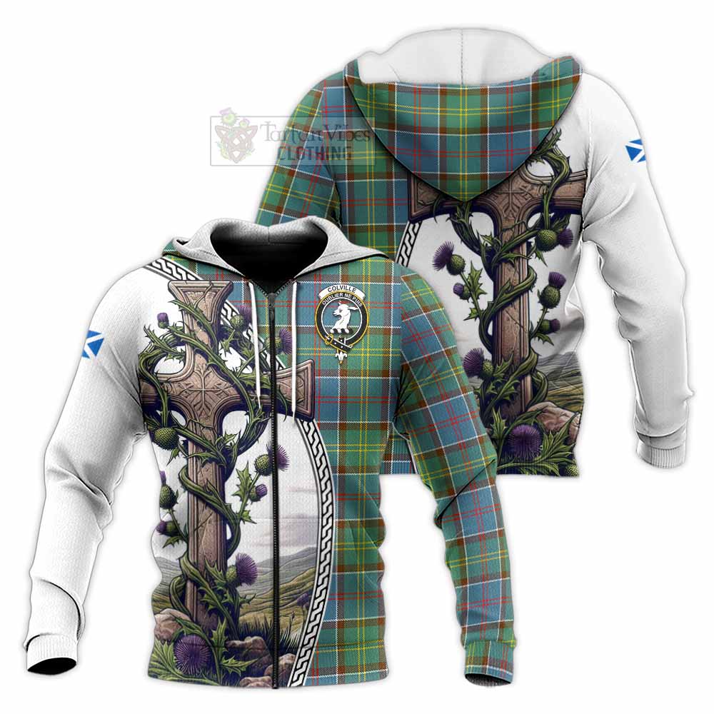 Tartan Vibes Clothing Colville Tartan Knitted Hoodie with Family Crest and St. Andrew's Cross Accented by Thistle Vines