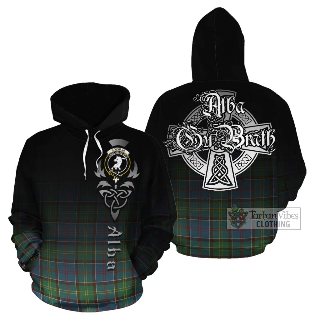 Tartan Vibes Clothing Colville Tartan Cotton Hoodie Featuring Alba Gu Brath Family Crest Celtic Inspired