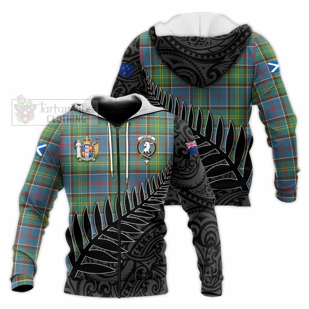 Tartan Vibes Clothing Colville Crest Tartan Knitted Hoodie with New Zealand Silver Fern Half Style