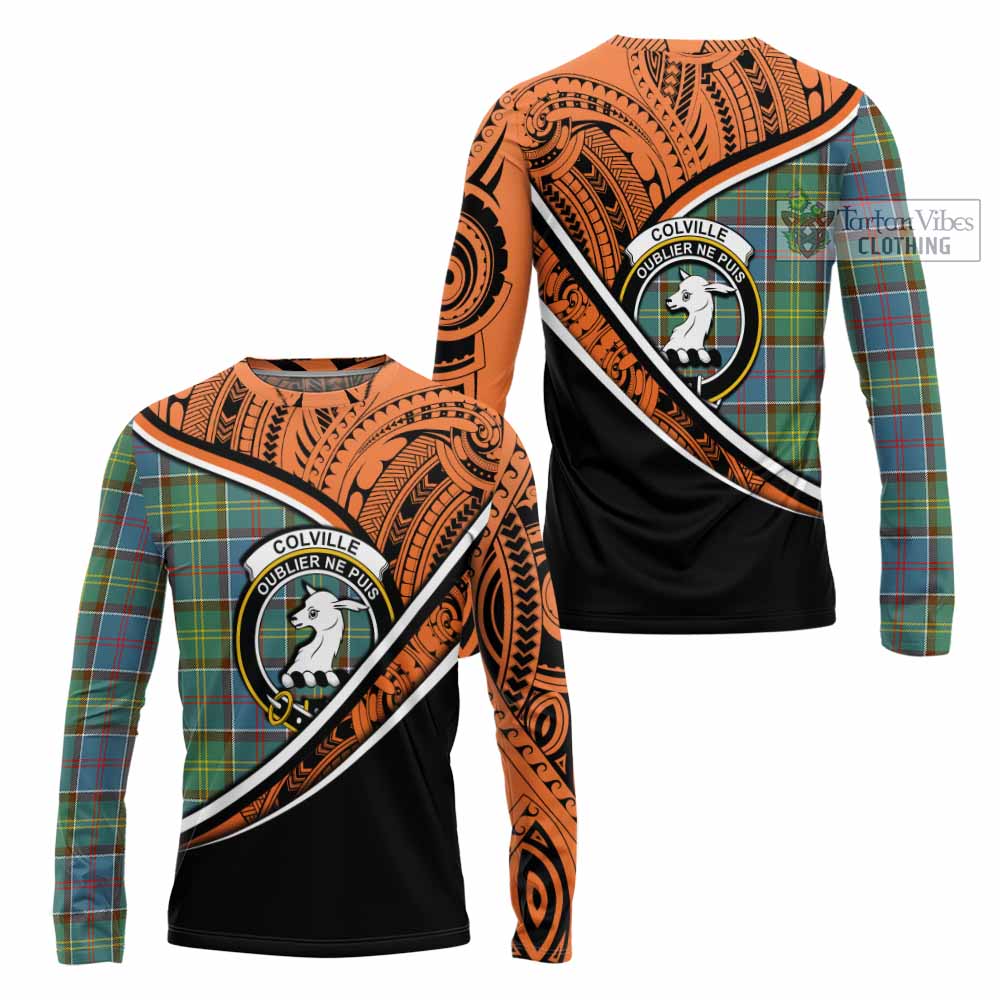 Tartan Vibes Clothing Colville Crest Tartan Long Sleeve T-Shirt with Maori Tattoo Style - Orange Version