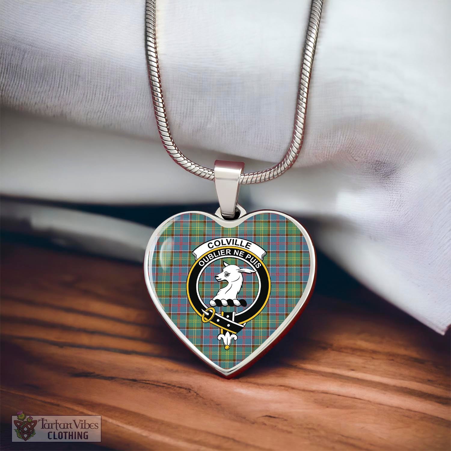 Tartan Vibes Clothing Colville Tartan Heart Necklace with Family Crest