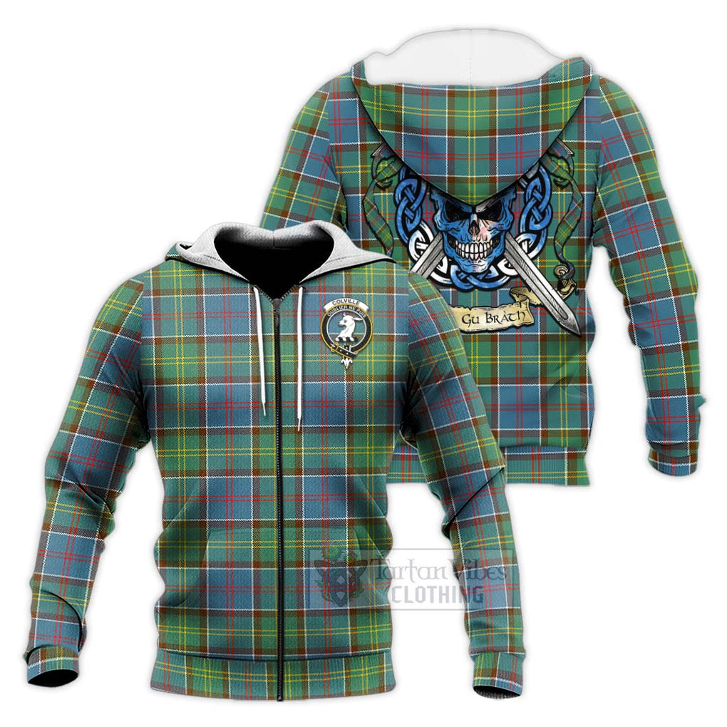 Tartan Vibes Clothing Colville Tartan Knitted Hoodie with Family Crest Celtic Skull Style