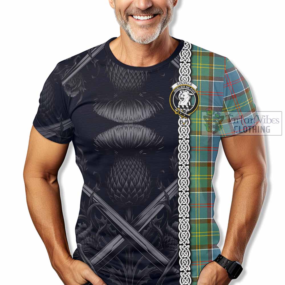 Tartan Vibes Clothing Colville Tartan T-Shirt with Family Crest Cross Sword Thistle Celtic Vibes