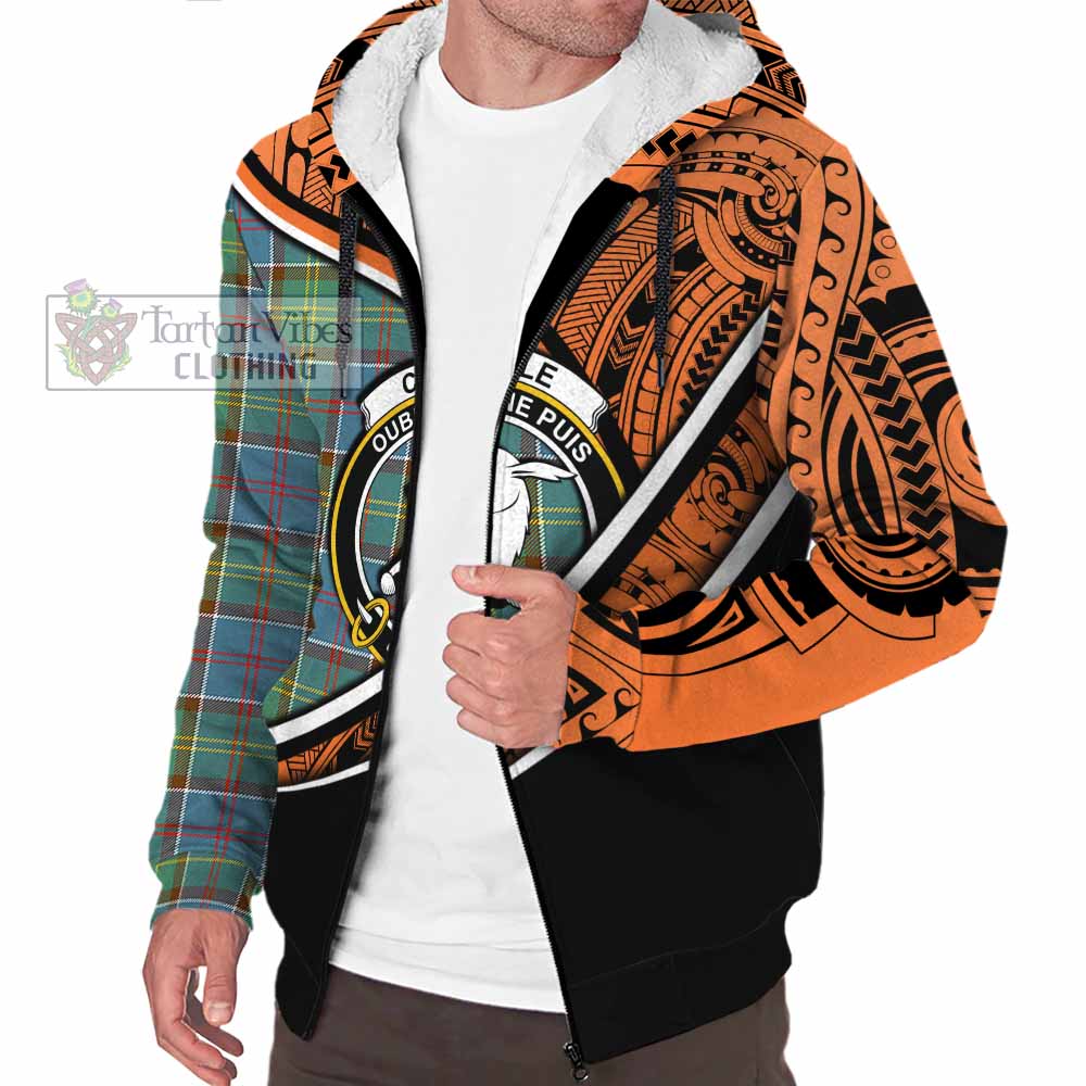 Tartan Vibes Clothing Colville Crest Tartan Sherpa Hoodie with Maori Tattoo Style - Orange Version