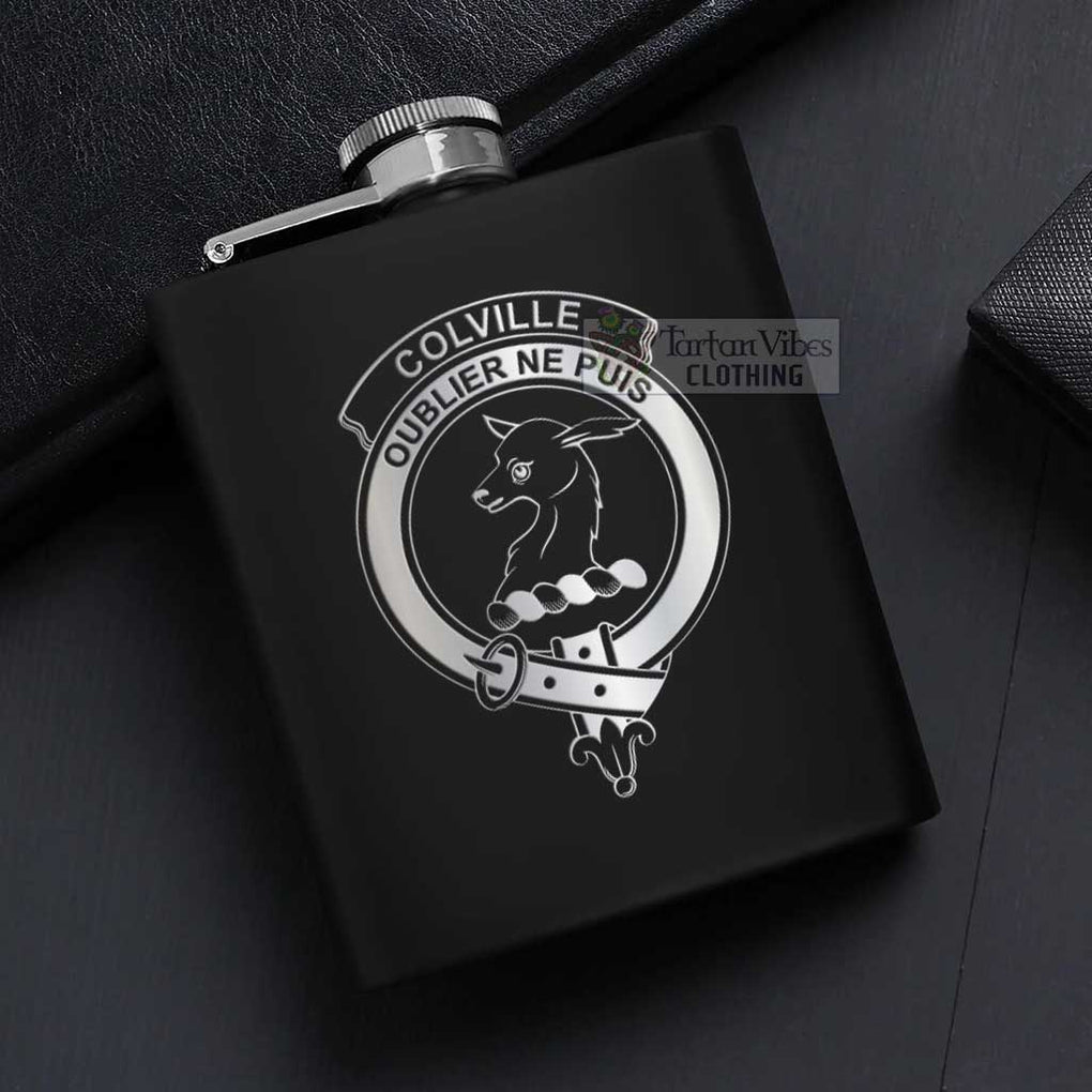 Tartan Vibes Clothing Colville Crest Hip Flask Set 7oz Black Stainless Steel with A Gift Box