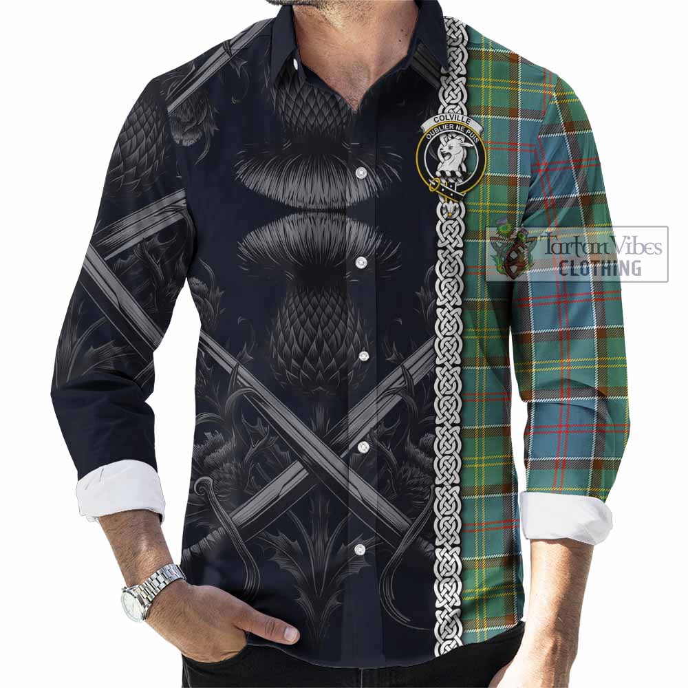 Colville Tartan Long Sleeve Button Shirt with Family Crest Cross Sword Thistle Celtic Vibes - Tartan Vibes Clothing