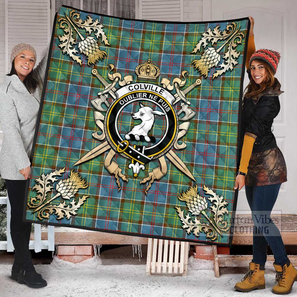 Tartan Vibes Clothing Colville Tartan Quilt with Family Crest and Scottish Golden Courage Shield