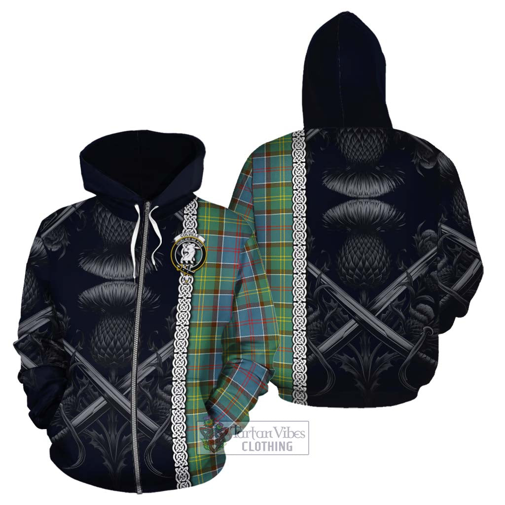 Tartan Vibes Clothing Colville Tartan Cotton Hoodie with Family Crest Cross Sword Thistle Celtic Vibes