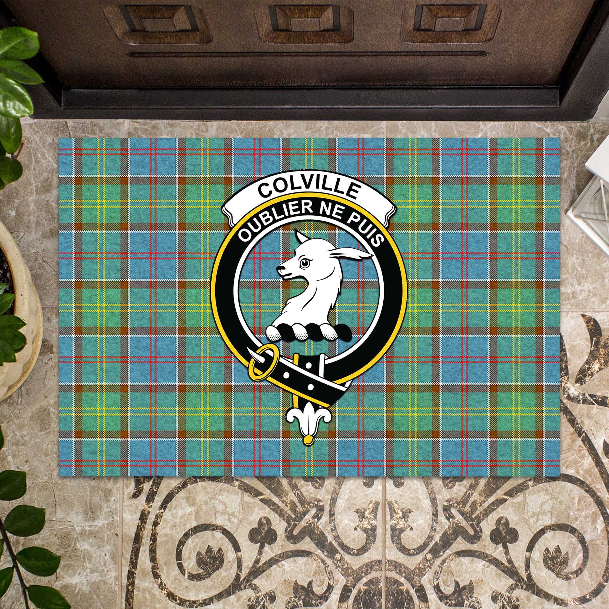 Colville Tartan Door Mat with Family Crest - Tartanvibesclothing