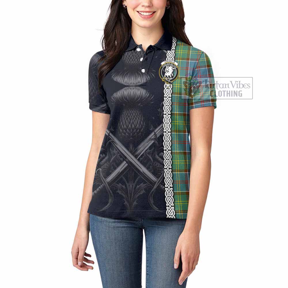 Tartan Vibes Clothing Colville Tartan Women's Polo Shirt with Family Crest Cross Sword Thistle Celtic Vibes