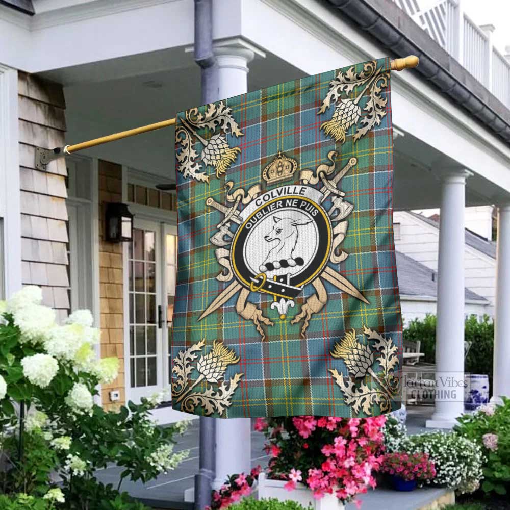 Tartan Vibes Clothing Colville Tartan Flag with Family Crest and Golden Thistle Crossed Sword Design