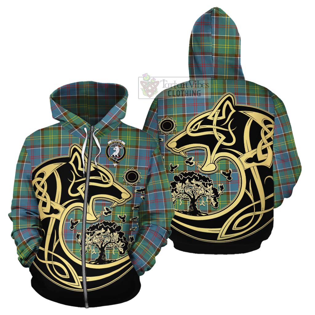 Tartan Vibes Clothing Colville Tartan Cotton Hoodie with Family Crest Celtic Wolf Style