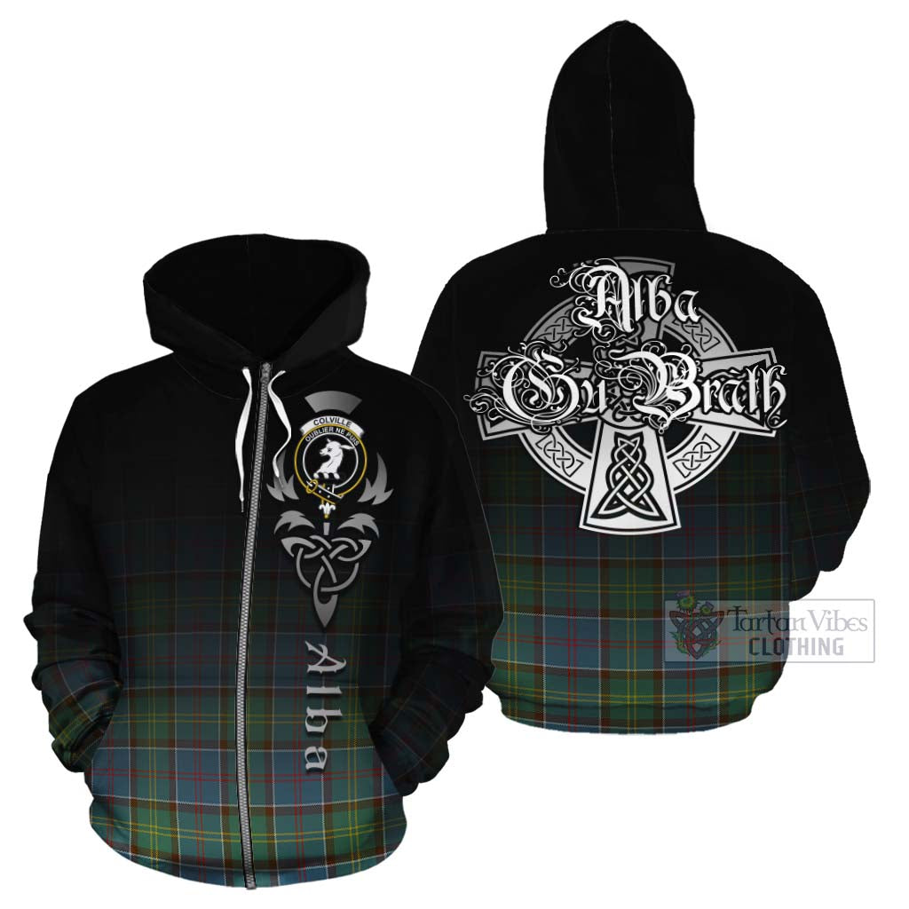 Tartan Vibes Clothing Colville Tartan Cotton Hoodie Featuring Alba Gu Brath Family Crest Celtic Inspired