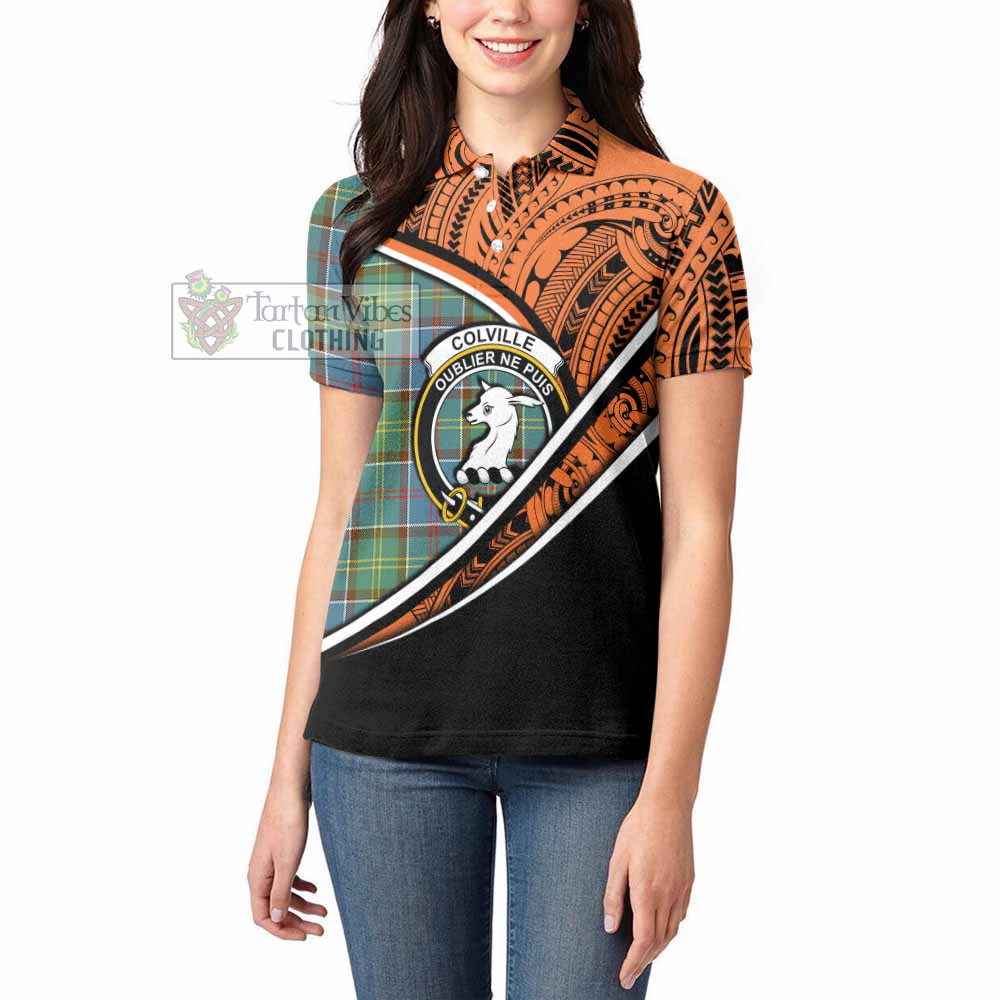 Tartan Vibes Clothing Colville Crest Tartan Women's Polo Shirt with Maori Tattoo Style - Orange Version